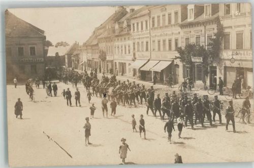 01936 O8293 Königsbrück - Gasthaus Ratskeller Parade Musikcorps Fahrrad Ort handschriftlich