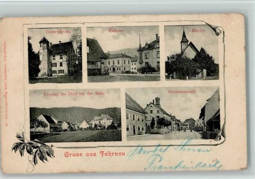 Fahrnau 1903 Eingang ins Dorf bei der Bahn, Straße, Kirche, Rathaus AK