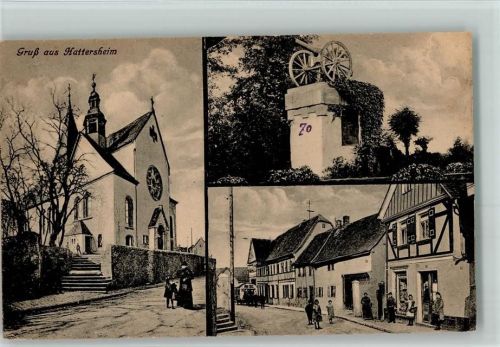 Hattersheim 1919 Strasse im Ort , Warenhandlung und Kirche AK Gute Erhaltung, kl. Eckknick