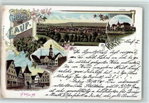 91207 W8560 Lauf a d Pegnitz 1898 Lithographie Gruss aus - Schloss, Kriegerdenkmal, gute Erhaltung AK