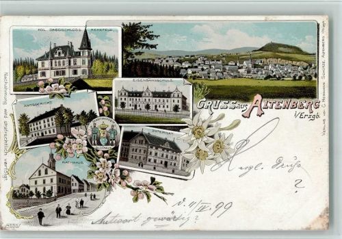 Altenberg 1899 Gruss aus - Eisenbahnschule, Internat, Gericht, Jagdschloss, AK