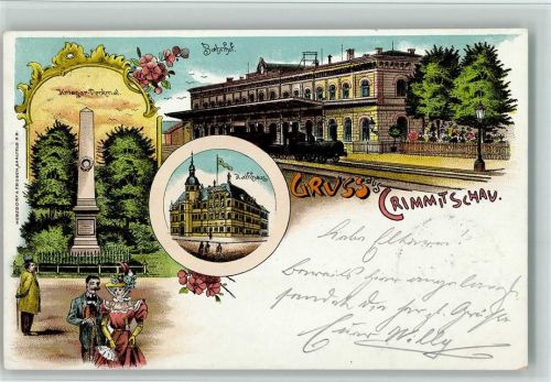 Crimmitschau 1904 Gruss aus - Kriegerdenkmal, Bahnhof mit Eisenbahn, Rathaus , gute Erhaltung AK