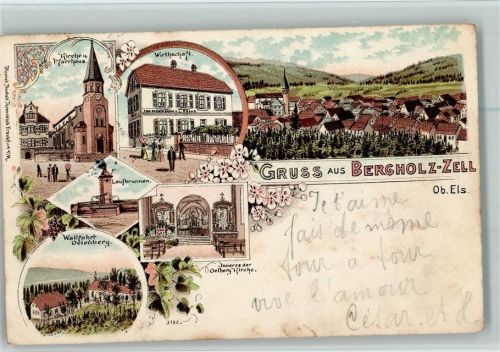 68500 Bergholtzzell Lithographie Kirche Pfarrhaus Wirtschaft Gasthaus zum Grünen Baum Laufbrunnen Wallfahrt Oelenberg