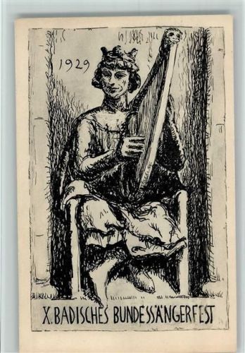 Freiburg 1929 X. Badisches Bundessängerfest - Harfenspieler Strichätzung AK