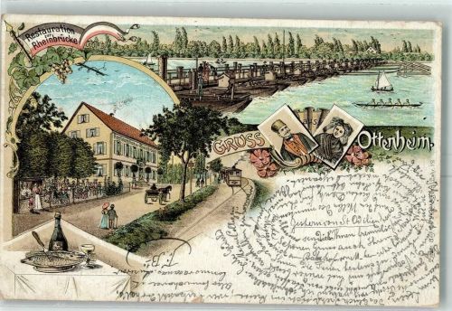 77963 W7635 Ottenheim , Schwarzw 1898 Lithographie Restauration Zur Rheinbrücke Trachten