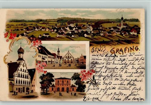 85567 W8018 Grafing b. München 1900 Lithographie Gruss aus - Bahnhof, Rathaus, Marktplatz AK