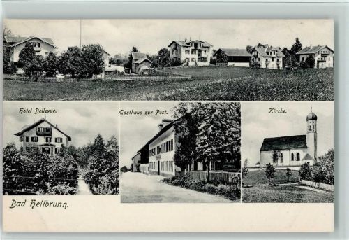 Bad Heilbrunn 1905 Hotel Bellevue, Gasthaus zur Post, Kirche , sehr gute Erhaltung AK