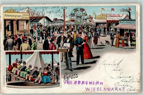 1904 Gruss aus Wiesenmarkt Bauchladen mit Postkarten Karussell Riesenrad
