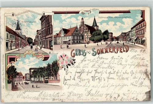 Sommerfeld 1899 Wilhelm-Straße Bahnhof-Straße Poststraße Markt mit Kirche und Rathaus Lithographie