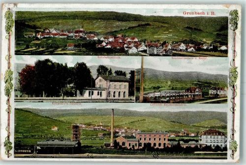 Grunbach 1908 Bahnhofsgebäude Baumwollweberei v. Kempf Kohlensäure-Industrie Lottlunds Malzextraktfabrik