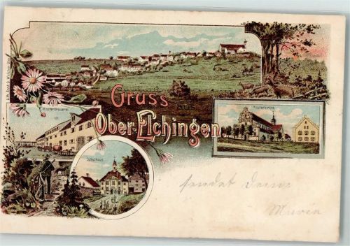 Oberelchingen 1899 Klosterbrauerei Schulhaus Klosterkirche Jäger Lithographie
