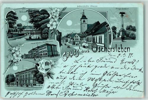 39387 O3230 Oschersleben 1899 Gebrauchsspuren Bodewehr Landratsamt Halberstädter Straße Kriegerdenkmal Mondscheinlithographie