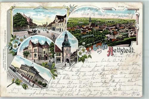 Hettstedt 1899 Marktplatz Kaiserl. Postamt Saiger-Tor Bahnhof Lithographie