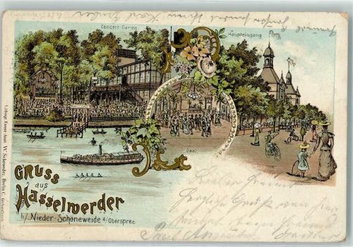 10115 O1190 Niederschöneweide 1902 Lithographie Gasthaus Hasselwerder Konzertgarten Haupteingang Saal Fahrrad