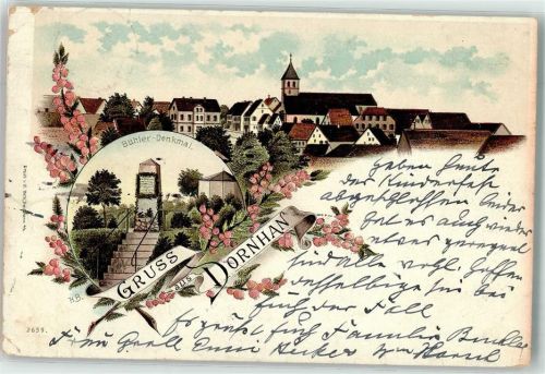 72175 W7242 Dornhan 1897 Gebrauchsspuren Bühler Denkmal Kirche Blumen Gruss Lithographie