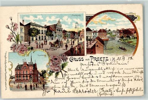 Preetz 1902 Marktplatz Sparkasse Kutsche Ruderboot Blumen Gruss Lithographie