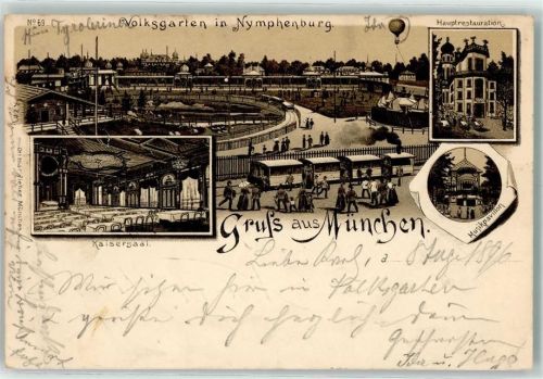 Nymphenburg 1896 Volksgarten Fesselflugballon Gasthaus Kaisersaal Musikpavillion Parkbahn