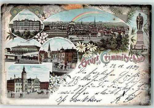 08451 O9630 Crimmitschau 1899 Lithographie Knabenschule Bahnhof Realschule Kirche Pastorat Rathaus Kaiser Wilhelm Denkmal
