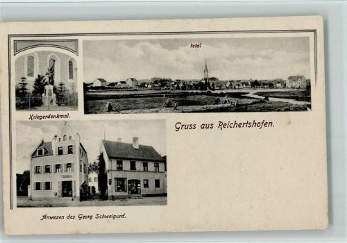 Reichertshofen 1912 Kriegerdenkmal , Anwesen des Georg Schweigard Warenhandlung AK