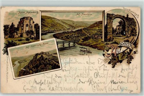 Alf 1898 Ruine Marienburg Marienberg Gruss Brücke Raddampfer Reben