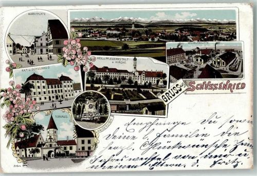 88427 W7953 Bad Schussenried 1900 Lithographie Heil- u. Pflegeanstalt Rat- und Schulhaus Torhaus Wilhelmshütte