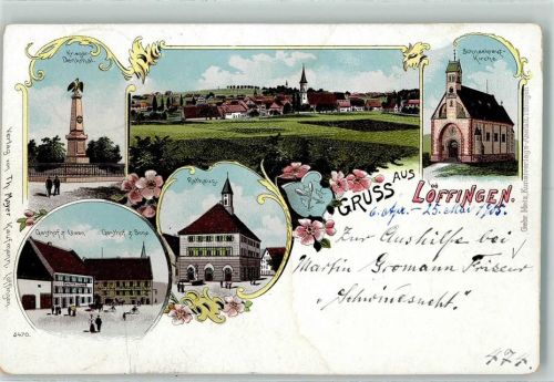 79843 W7827 Löffingen Lithographie Kriegerdenkmal Gasthof zum Löwen Rathaus Schneekraut-Kirche