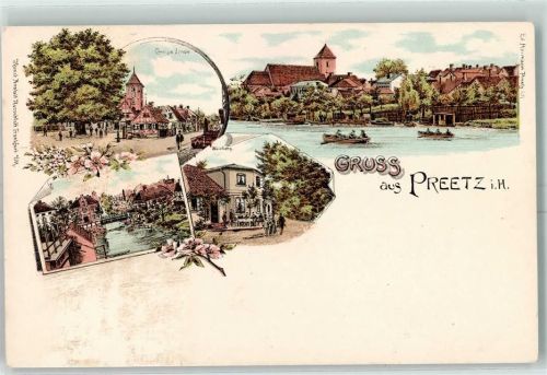 24211 W2308 Preetz , Holst Karte beschädigt Große Linde Ruderboote Lithographie