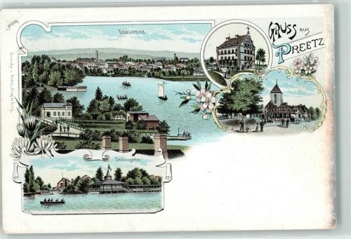 24211 W2308 Preetz , Holst Lithographie Fabrik Segelboot Ruderboot Drillersgarten Blumen Gruss Turm