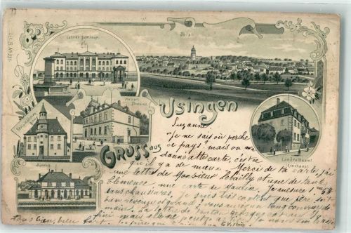 61250 W6390 Usingen 1900 Gebrauchsspuren Lehrerseminar Landratsamt Kreishaus Kaiserl. Postamt Real- und Mädchen-Schule Bahnhof Lithographie