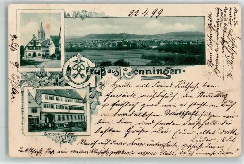 Renningen 1899 Gasthaus Adler Kirche Gruss Wappen Schlüssel