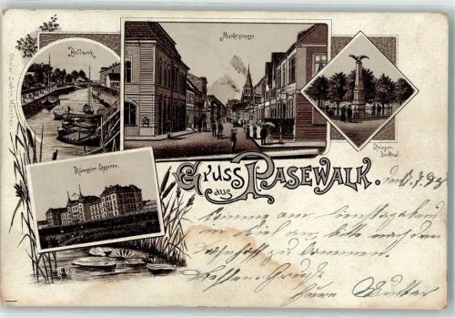 Pasewalk 1898 Bollwerk Marktstraße Kriegerdenkmal Kürassier Kaserne Gruss Schiff Boot Lithographie