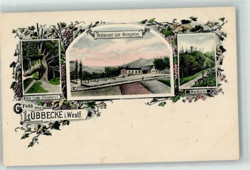 32312 W4990 Lübbecke , Westf 1907 Lithographie Alte Linde Reineberg Gasthaus zum Weingarten Wartturm Reh