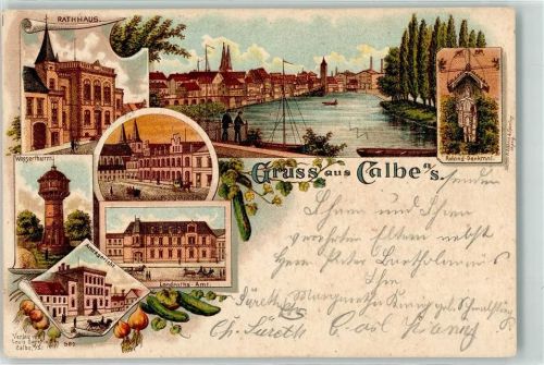 Calbe 1898 Roland-Denkmal Landratsamt Amtsgericht Wasserturm Rathaus