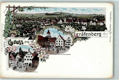 91322 W8554 Gräfenberg , Oberfr Lithographie Rathaus Egloffsteiner Tor Wolfsbergerschloss Marktplatz