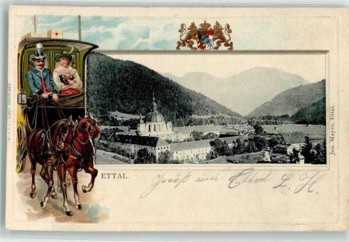 Ettal 1902 Kloster Postkutsche Tracht Wappen