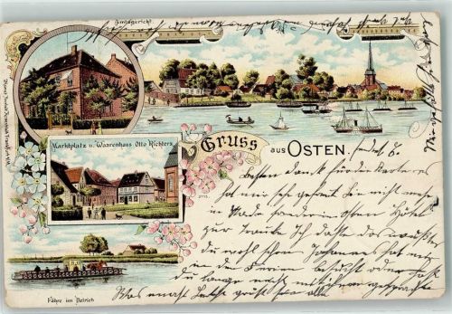 Osten 1899 Marktplatz Warenhaus Richter Fähre Amtsgericht Litho