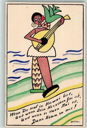 Palme Schwarzafrikanerin Ukuklele Hawaii sign. Petez