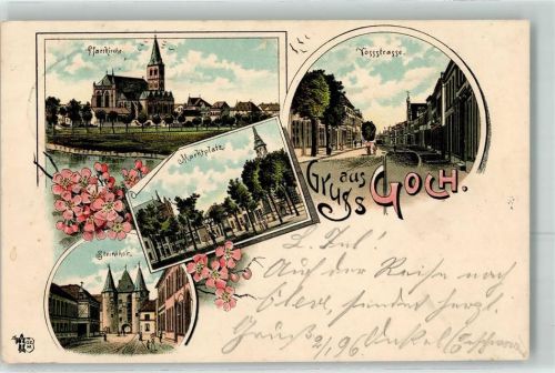 47574 W4180 Goch 1896 Lithographie Bahnpost Oberhausen Bochold Zug 84 2.11.96 Pfarrkirche Vossstraße Marktplatz Steintor Ottmar Zieher