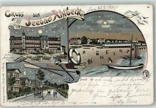 Seebad Ahlbeck 1905 Hotel Ahlbecker Hof Dünenstraße Strandpromenade Ruderboot Mond Sterne Möwe Gruss Anker Paddel Lithographie