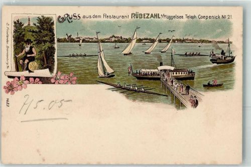 10115 O1199 Köpenick 1905 Lithographie Gasthaus Rübezahl a. Müggelsee Dampfer Segelboot Rudervierer