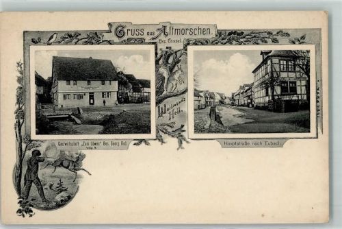 Altmorschen Gasthaus Zum Löwen Bes GEorg Roß Hauptstraße nach Eubach Jäger Gewehr Hirsch Waidmannns Heil Eichhörnchen