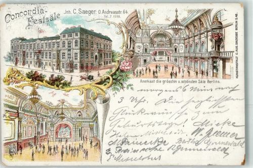 10115 O1020 Friedrichshain 1900 Gebrauchsspuren Concordia Festsäle C. Saeger Andreasstraße 64 Kutsche Kronleuchter Blumen Lithographie