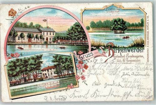 Birkenwerder 1899 Paradies-See Liebes-Insel Untermühle Gasthaus Paradiesgarten Lithographie