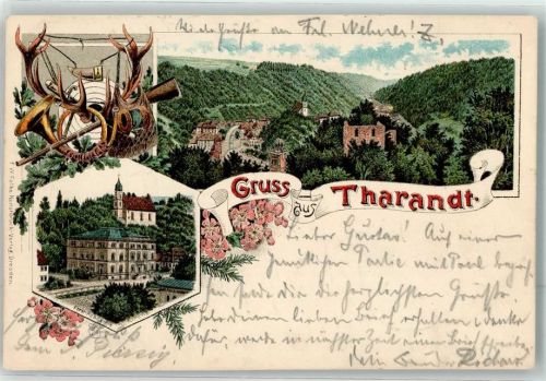 01737 O8223 Tharandt 1907 Lithographie Forst-Akademie Horn Gewehr Geweih Bahnpoststempel Zug 229