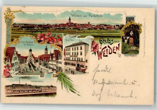 92637 W8480 Weiden , Oberpf Lithographie Unterer Marktplatz Rathaus Hotel Post Centralwerkstätte Eisenbahn Schlör Denkmal