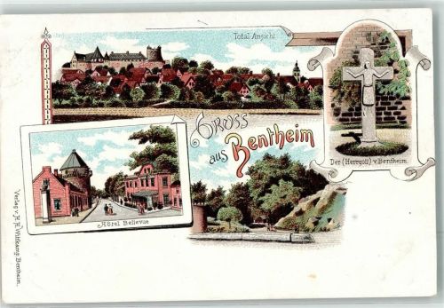 48455 W4444 Bad Bentheim Lithographie Kreuz Der Hergott von Bentheim Hotel Bellevue