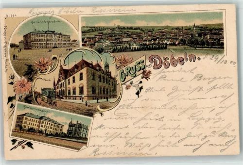 Döbeln 1900 Körnerplatzschule Post Realgymnasium Kutsche Kirche Blumen Gruss Bahnpost Leipzig Zug Nr.1512