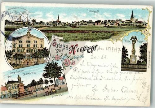 Hilden 1897 Kaiserdenkmal Marktplatz Pensionat Kriegerdenkmal Bahnpost Düsseldorf Zug 330