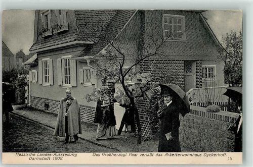 W6100 Darmstadt Großherzogl. Paar verlässt das Arbeiterwohnhaus Dyckerhoff Hessische Landes Ausstellung 1908 Kunstgeschichte Darmstadt