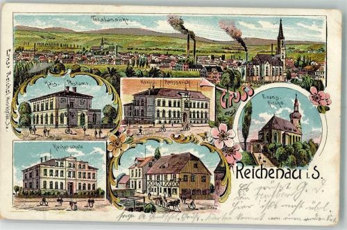 01920 O8291 Reichenau a d Pulsnitz 1904 Lithographie Kgl. Amtsgericht Kais. Postamt Ev. Kirche Kirchenschule